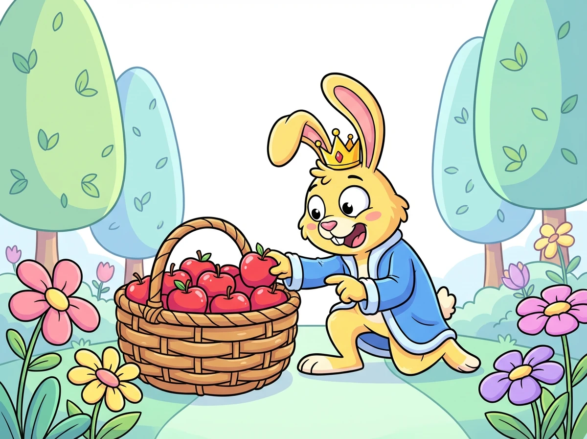 بين الأشجار العالية والأزهار الملونة، وجد الأمير أرنوب سلة كبيرة. كانت السلة مليئة بالتفاح الأحمر اللامع!