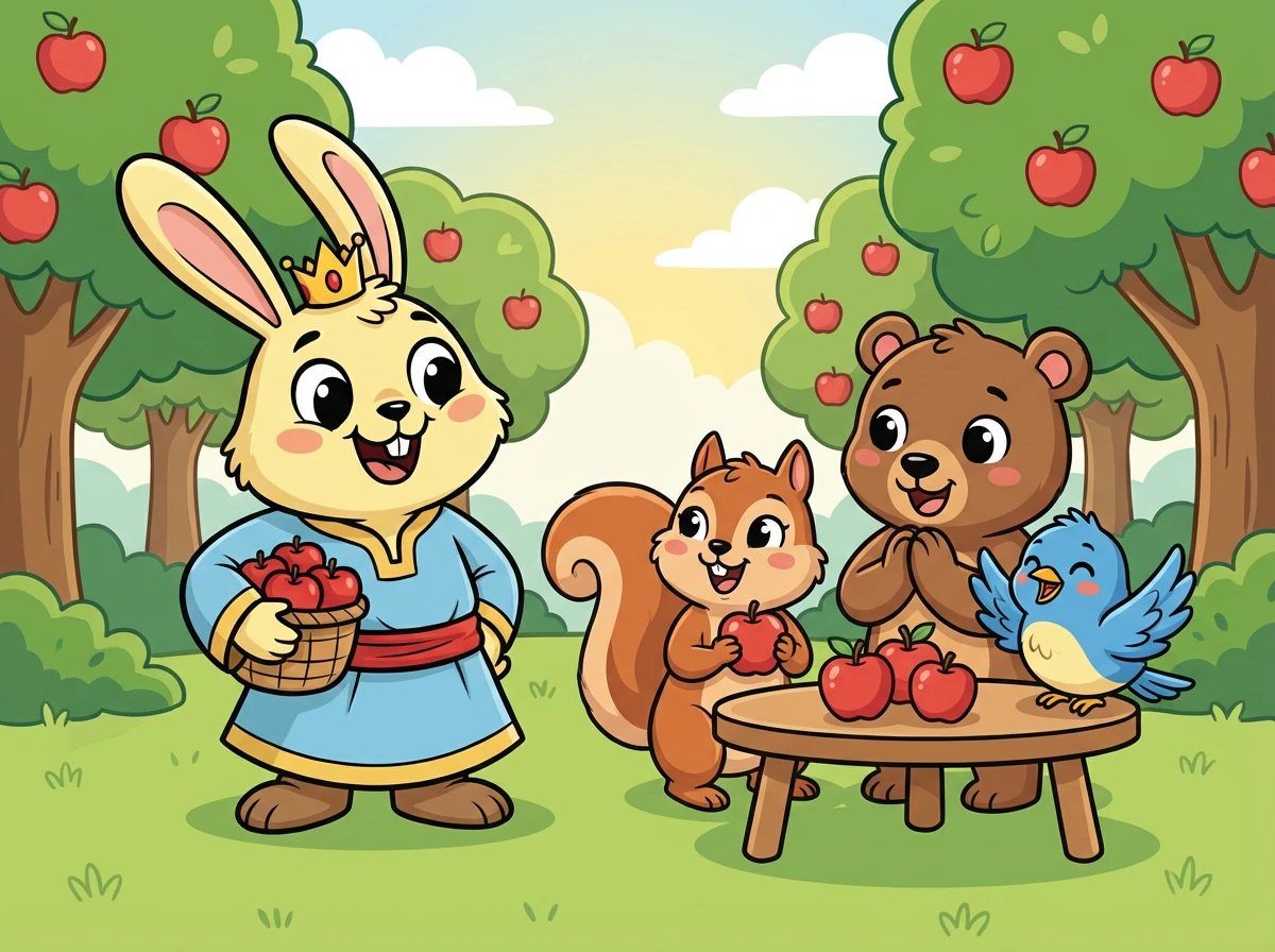 أعجب الأصدقاء بالتفاح الأحمر الشهي. شكروا الأمير أرنوب على كرمه.