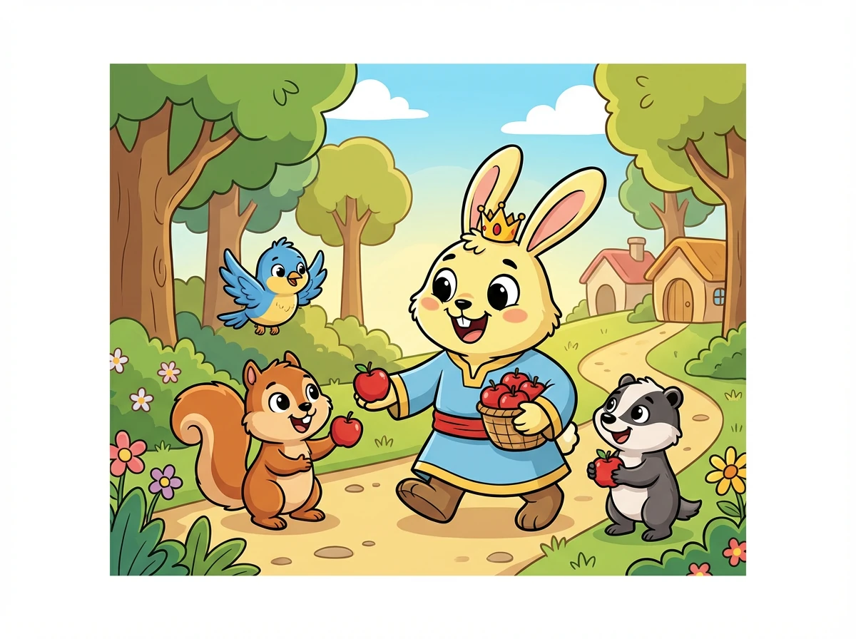 قال الأمير أرنوب: "أنا أحب التفاح وأحب أن أشاركه معكم!" ثم عادوا إلى منازلهم بقلوب سعيدة.