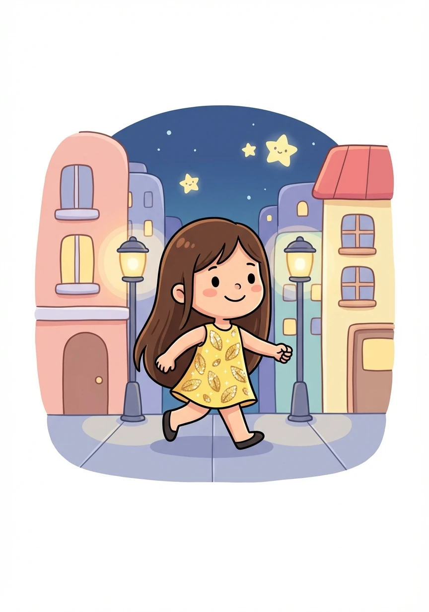 Akari, with her long, straight brown hair, walked confidently through the city. Her yellow cotton dress, adorned with sequin leaf patterns, shimmered under the streetlights.