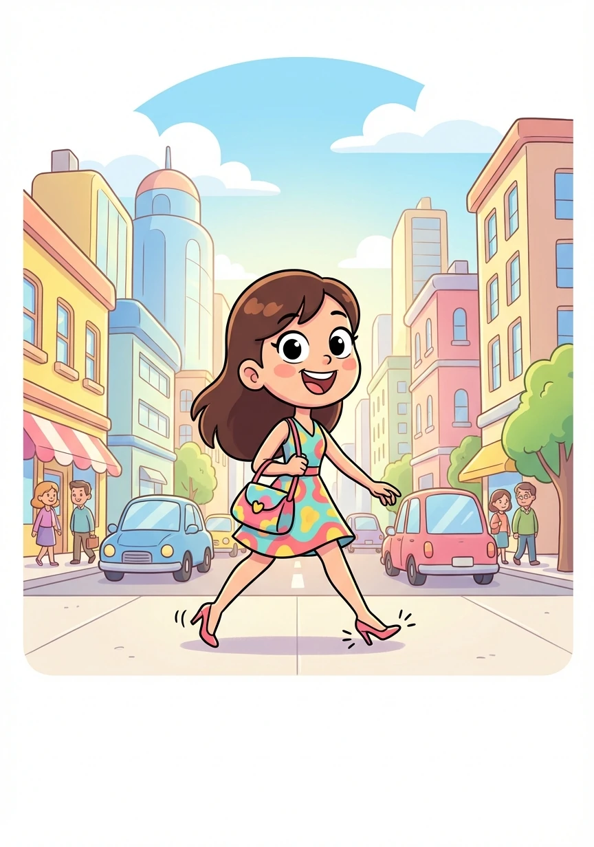 The city's vibrant energy pulsed around her as she strolled, the click of her high heels echoing against the buildings.