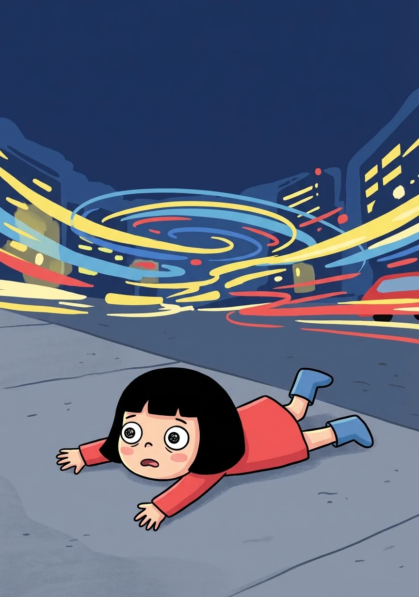 The city lights swirled above her as she crashed onto the cold, unforgiving pavement.