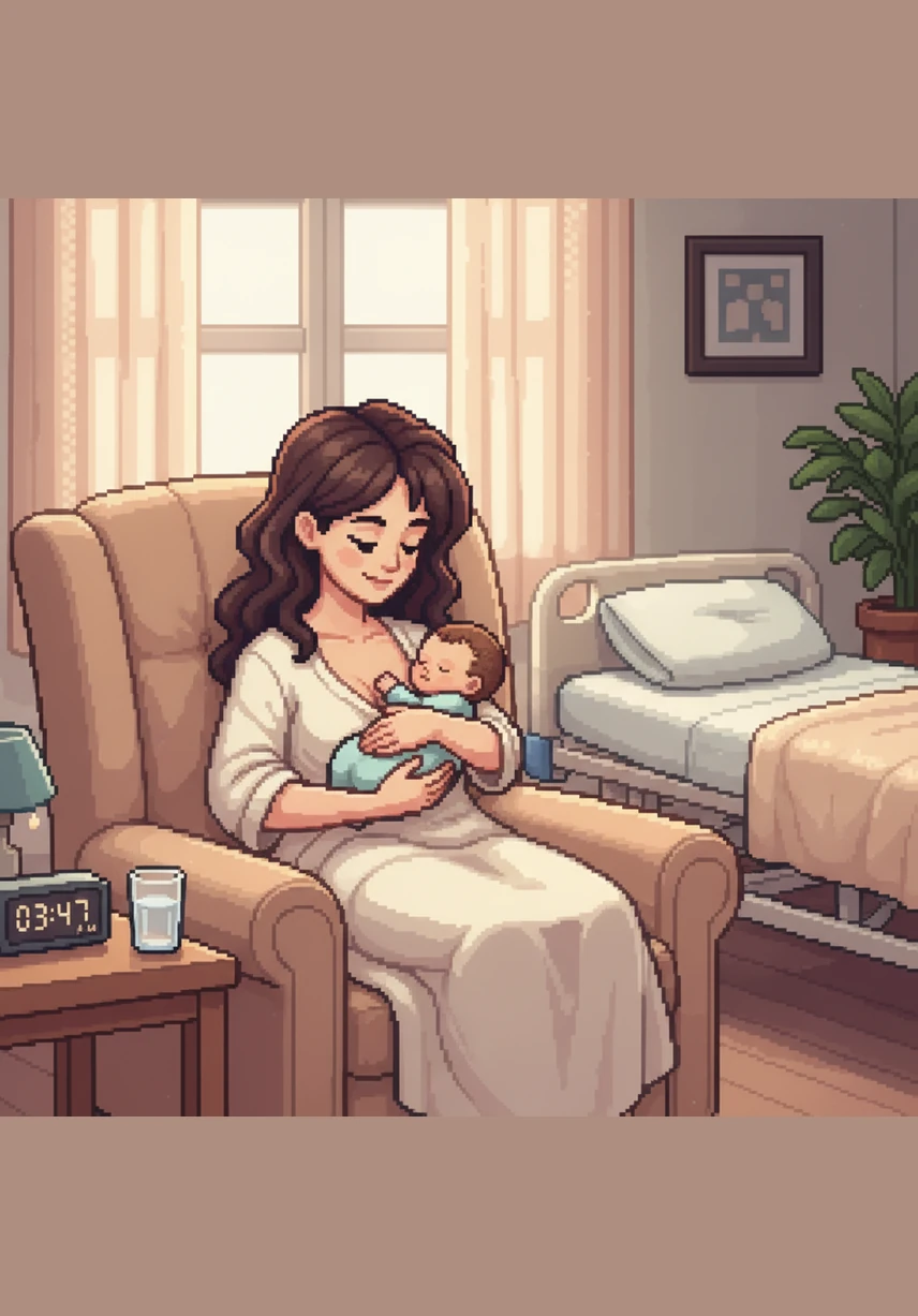 Maya helps Sarah settle into a comfortable chair and gently places Leo against her chest for skin-to-skin contact. As they sit heart-to-heart, Sarah feels a deep connection and notices Leo’s breathing become steady and calm.