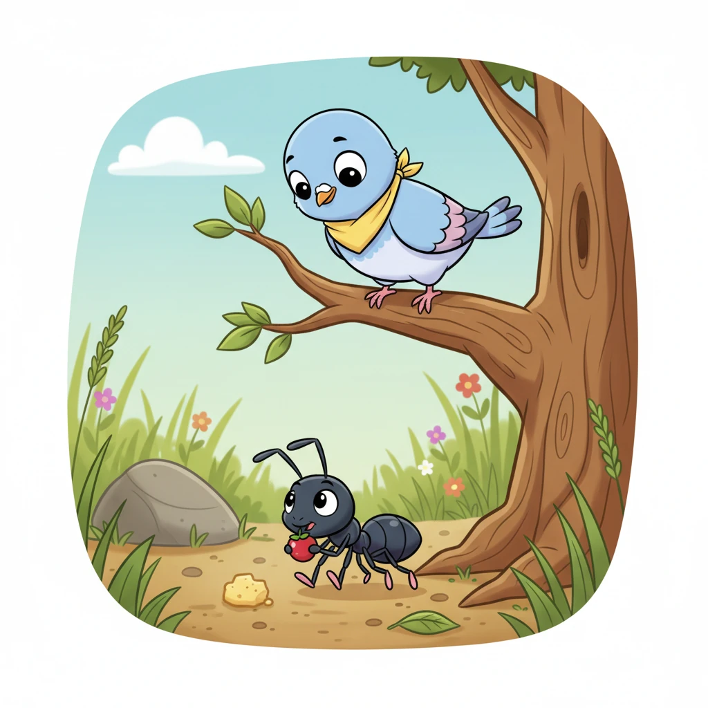 Pip, a kind pigeon, watched from above. Antonia, a hardworking ant, busily searched for food.