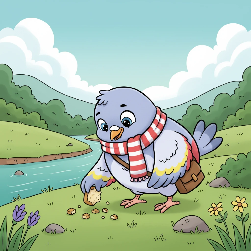 Antonia was collecting crumbs near the winding river. She focused intently on her important task.