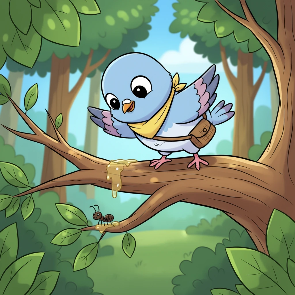 Pip heard her faint cries from his tree branch. He quickly spotted the tiny ant in trouble.