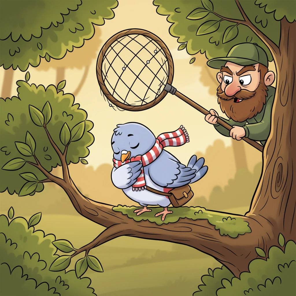 Later, Pip rested peacefully on a branch. A sly hunter aimed his net at the pigeon.