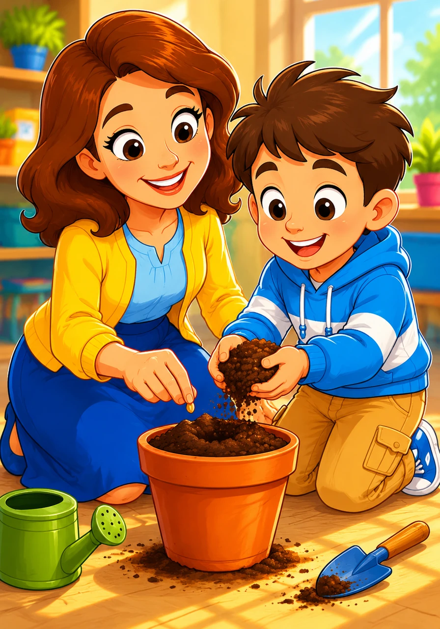 Bright sunlight streams into the classroom as Leo and Mrs. Monica kneel together by a small flowerpot. Mrs. Monica, a kind teacher with a warm, gentle smile and friendly eyes, carefully drops a tiny seed into the soil while Leo enthusiastically scoops up a handful of dark dirt to cover it.