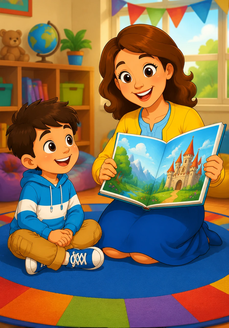 Sitting comfortably on a colorful alphabet rug, Leo listens intently with wide, curious eyes. Mrs. Monica holds up a large, vibrant picture book, her face lit up with animation as she reads the magical story aloud to her captivated student.