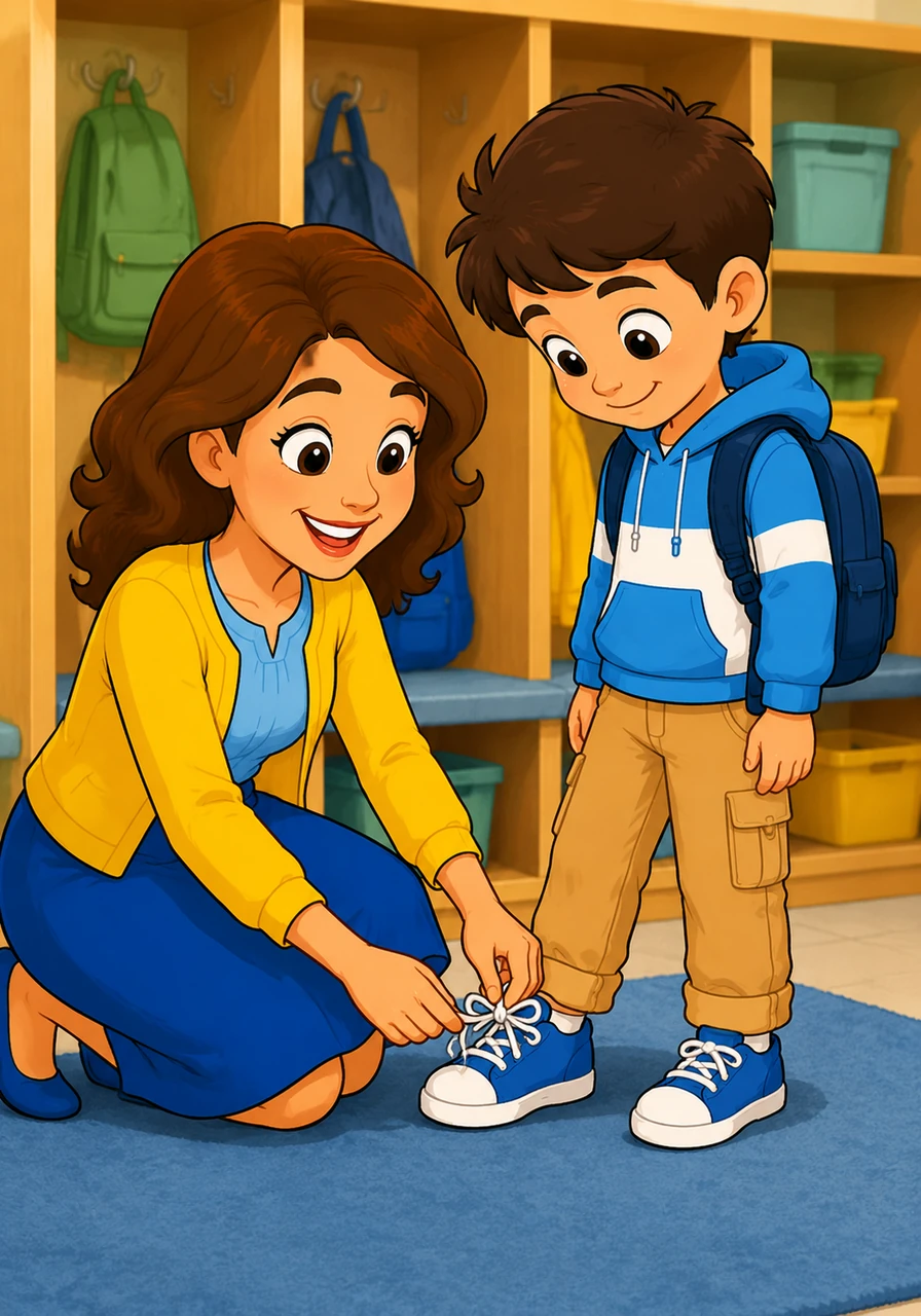 Leo stands patiently near the cubby area, looking down at his untied sneaker with a hopeful expression. Mrs. Monica kneels on the floor with a warm smile, her hands deftly tying his shoelaces into a perfect, neat bow.