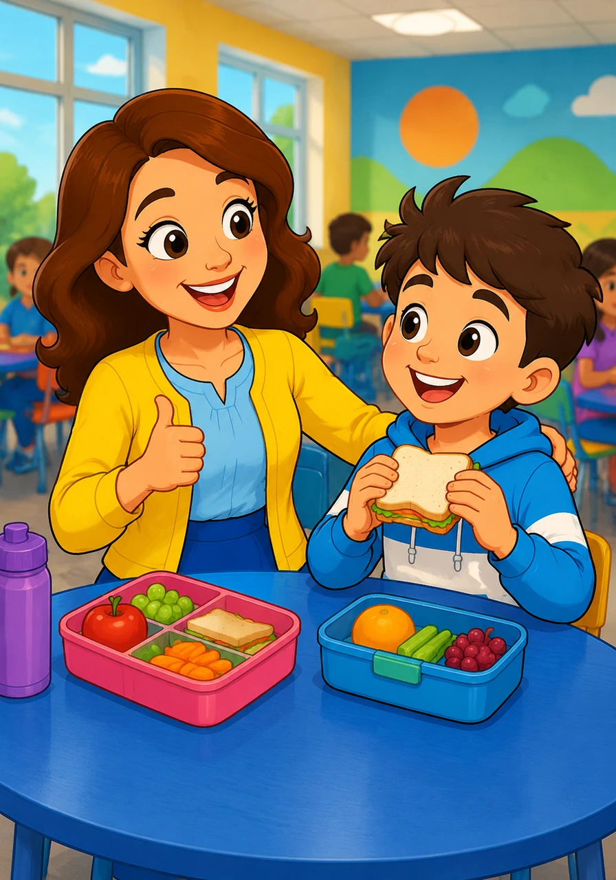 At the brightly colored lunch table, Mrs. Monica sits proudly with Leo, acting as the ultimate lunchtime companion. Her expressive face radiates joy as she cheers him on, making lunchtime feel like the most fun and exciting event of the day.