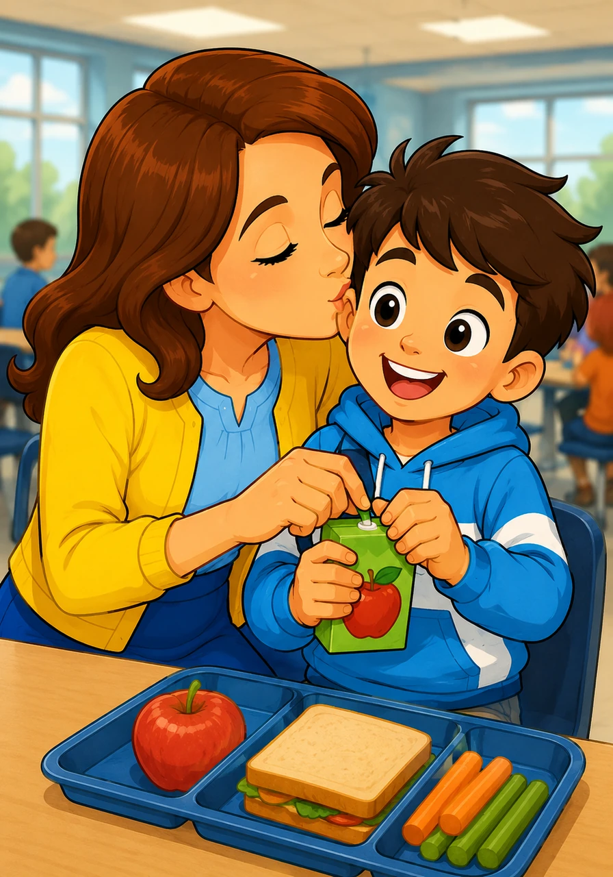 Mrs. Monica gently helps Leo twist open his stubborn juice box, pouring a bit of lunchtime magic into his day. Afterward, she leans in to give him a sweet, comforting kiss on the cheek, leaving Leo beaming with happiness.