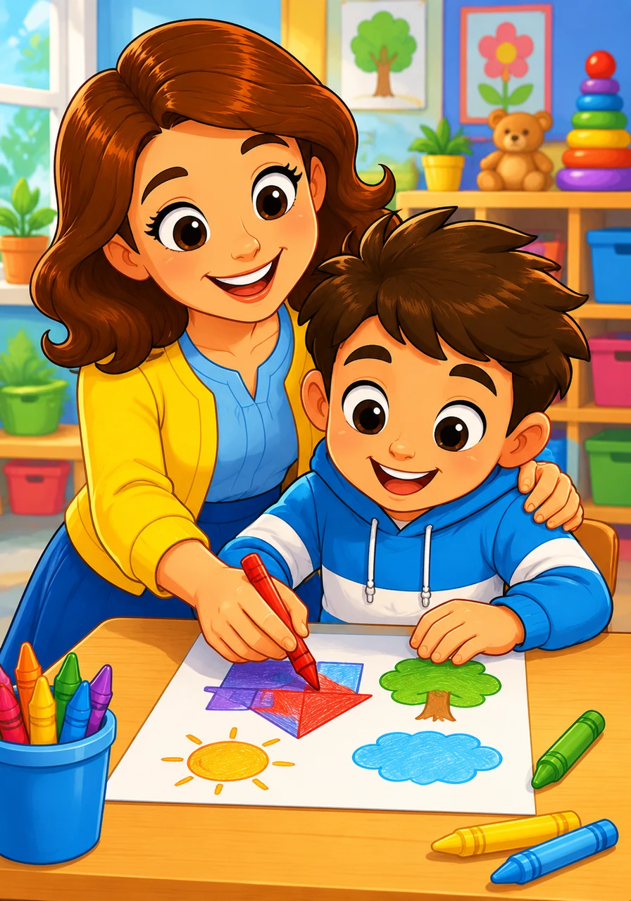 Leo sits at his small desk, focused intently on a colorful worksheet with a crayon in hand. Mrs. Monica leans over his shoulder with an encouraging smile, gently guiding his hand to help him finish his preschool work.