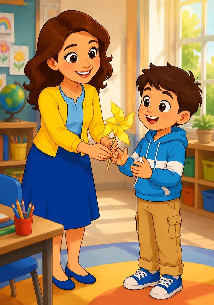 Mrs. Monica surprises Leo by handing him a bright yellow pinwheel she neatly mended just for him. Her thoughtful face and gentle gesture fill the classroom with a sense of warmth, proving how deeply she cares.