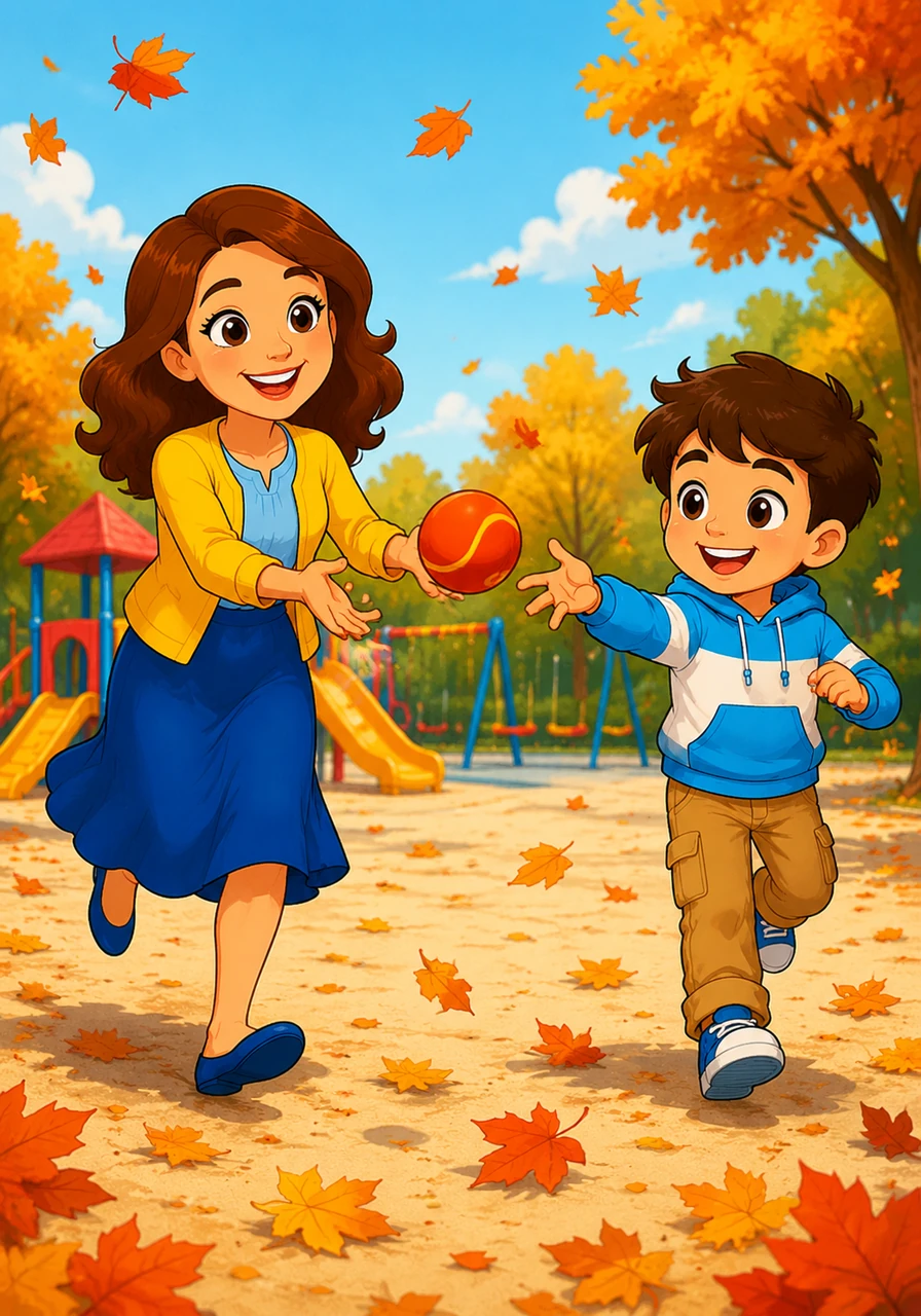 Out on the sunny playground, the autumn leaves dance in the wind as Mrs. Monica runs and plays catch with Leo. Her face is filled with laughter and pure joy, matching the happy energy of her enthusiastic little student.