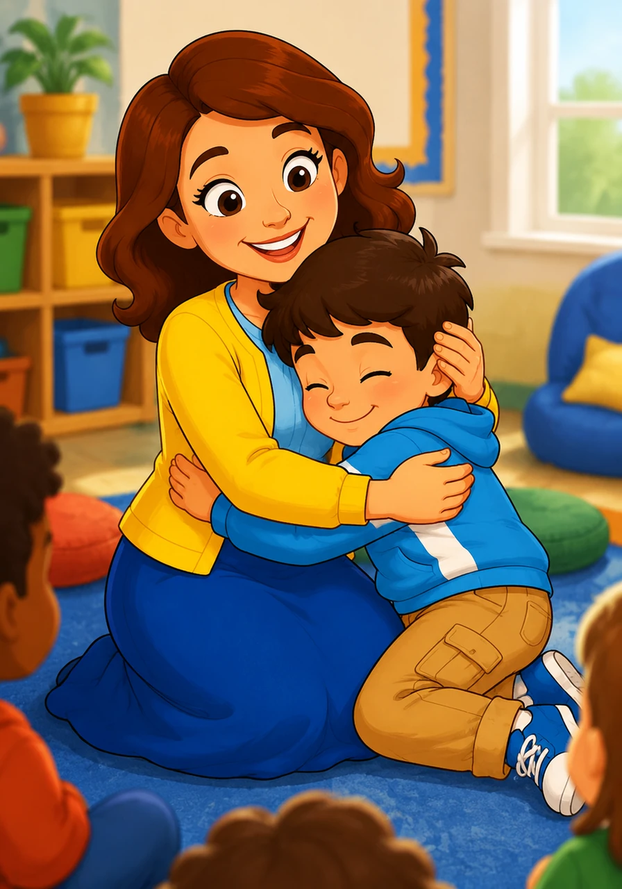 Sitting quietly together during circle time, Mrs. Monica places a comforting hand on Leo's shoulder, gently teaching him how to listen with an open heart. She pulls him into a warm, reassuring hug that makes him feel completely safe and loved.