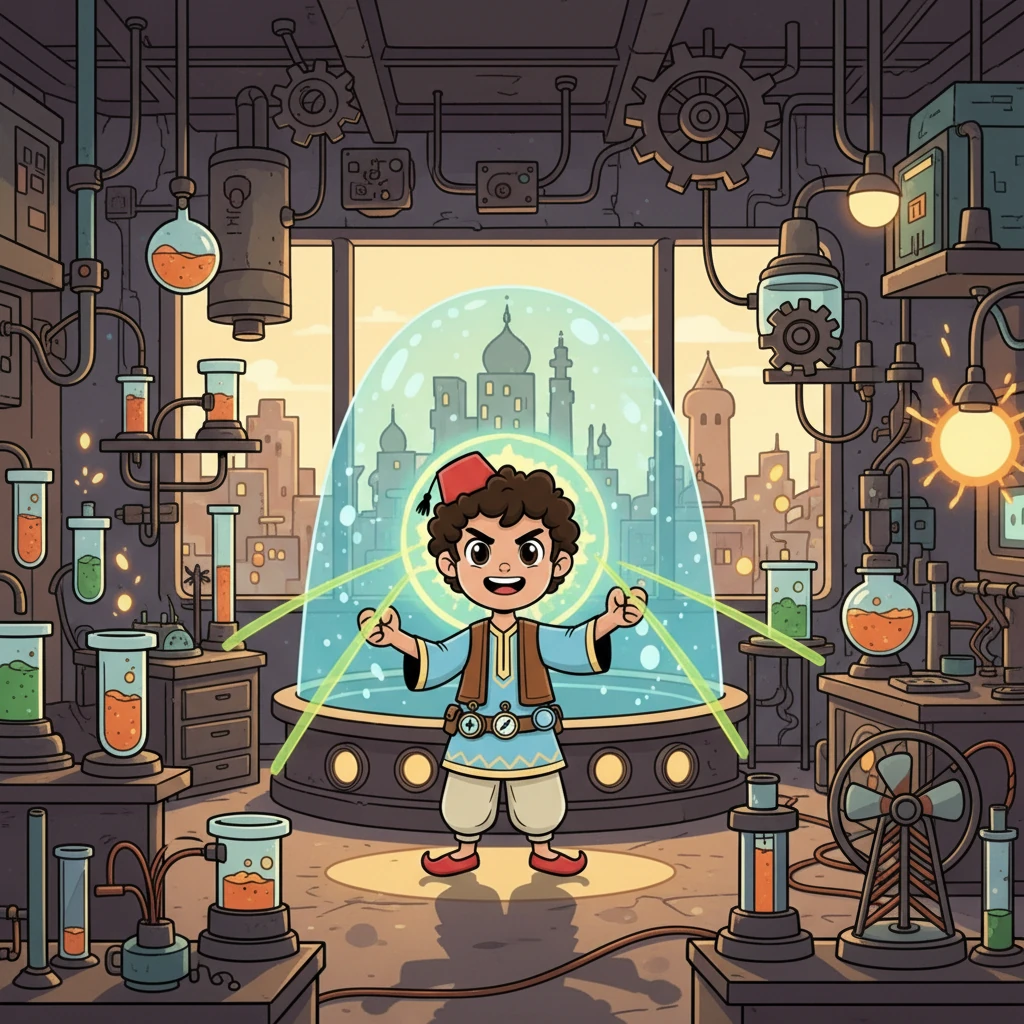 قرر يوسف استخدام معرفته بالفيزياء لحماية الأرض. جهز مختبره بأجهزة معقدة، يخطط لصنع درع طاقة لحماية مدينته.