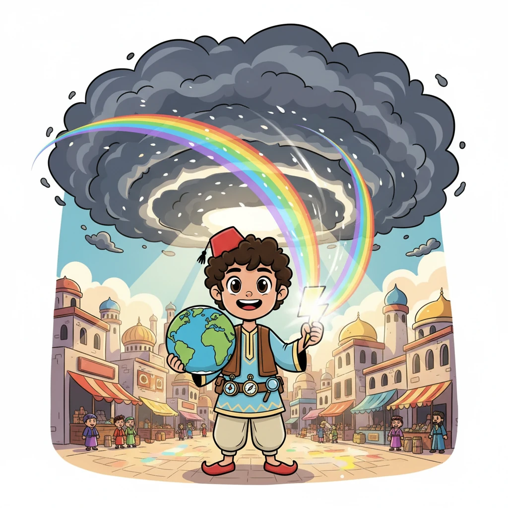 أطلق يوسف الجهاز، وأضاءت المدينة بألوان قوس قزح بينما تصدت الموجات للسحابة. بدأت السحابة في التلاشي، وعاد النور.