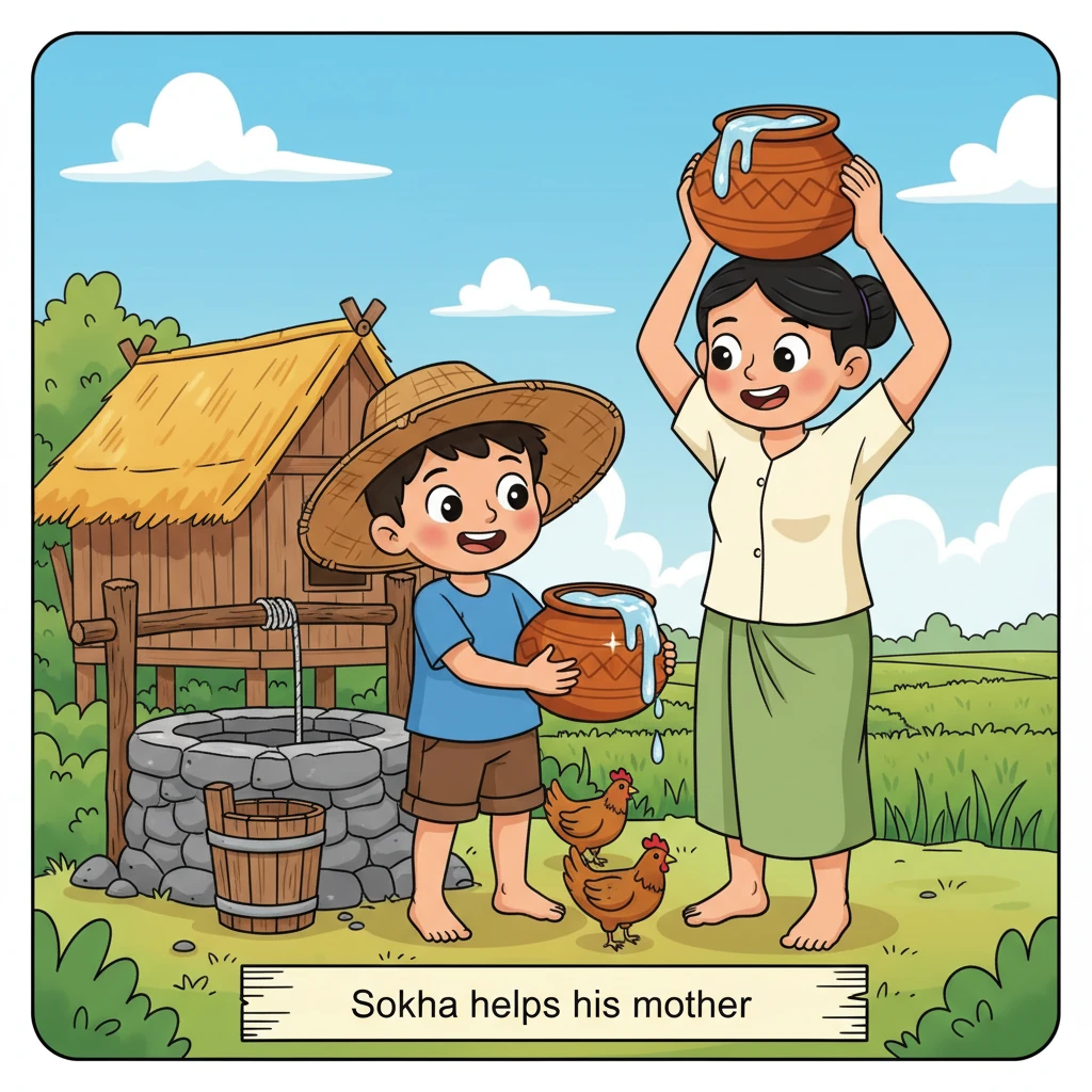 Sokha, a cheerful boy with a wide straw hat, helps his mother carry two overflowing water pots from a well. A small wooden house stands behind them, s