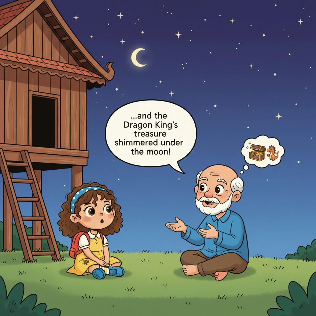 As evening falls, Sokha sits cross-legged under the stilts of his wooden house, eyes wide with wonder. His kind grandfather, with a gentle smile, gest