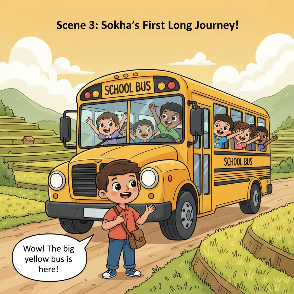 The school bus, a bright yellow marvel, pulls up to Sokha's village, filled with excited children waving goodbye. Sokha, holding a small woven bag, be