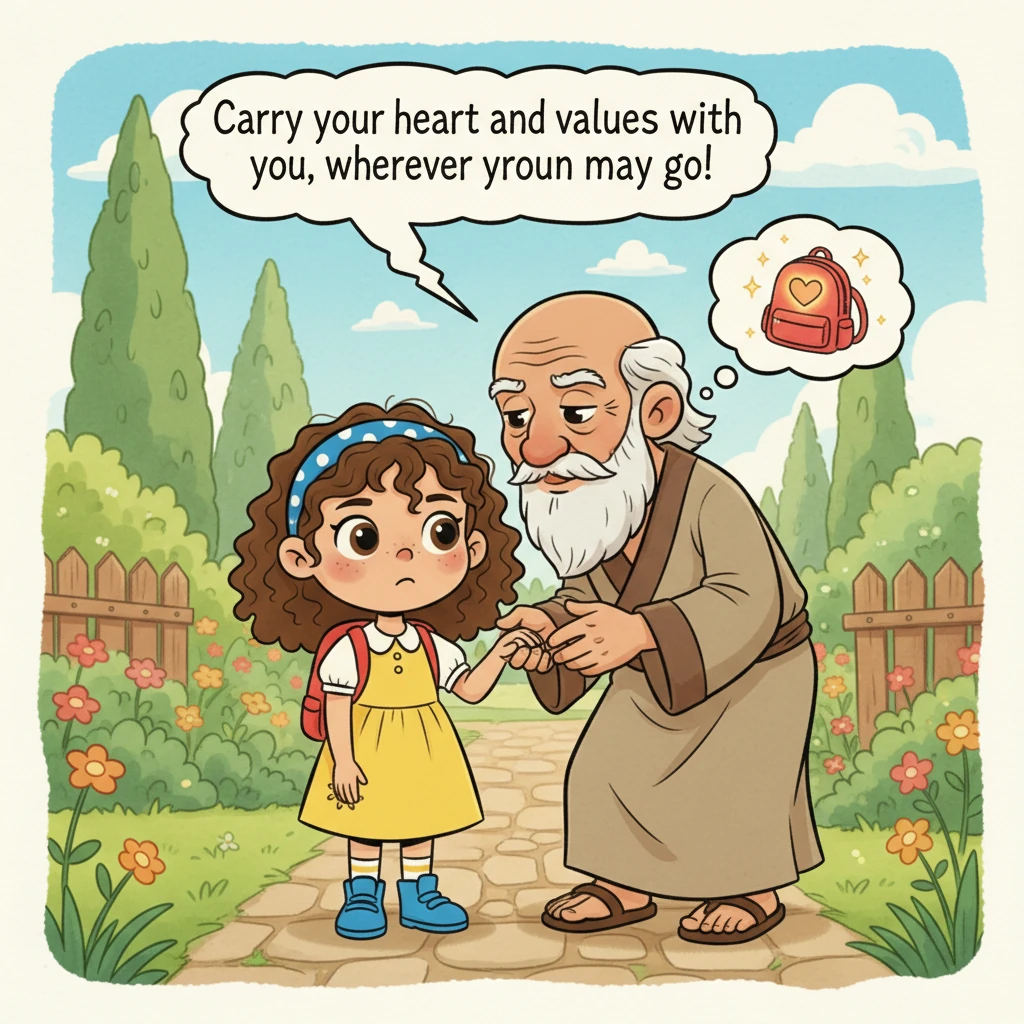 Grandfather gently holds Sokha's hand, his wise eyes looking directly into the boy's. He leans in close, sharing an important message about carrying o