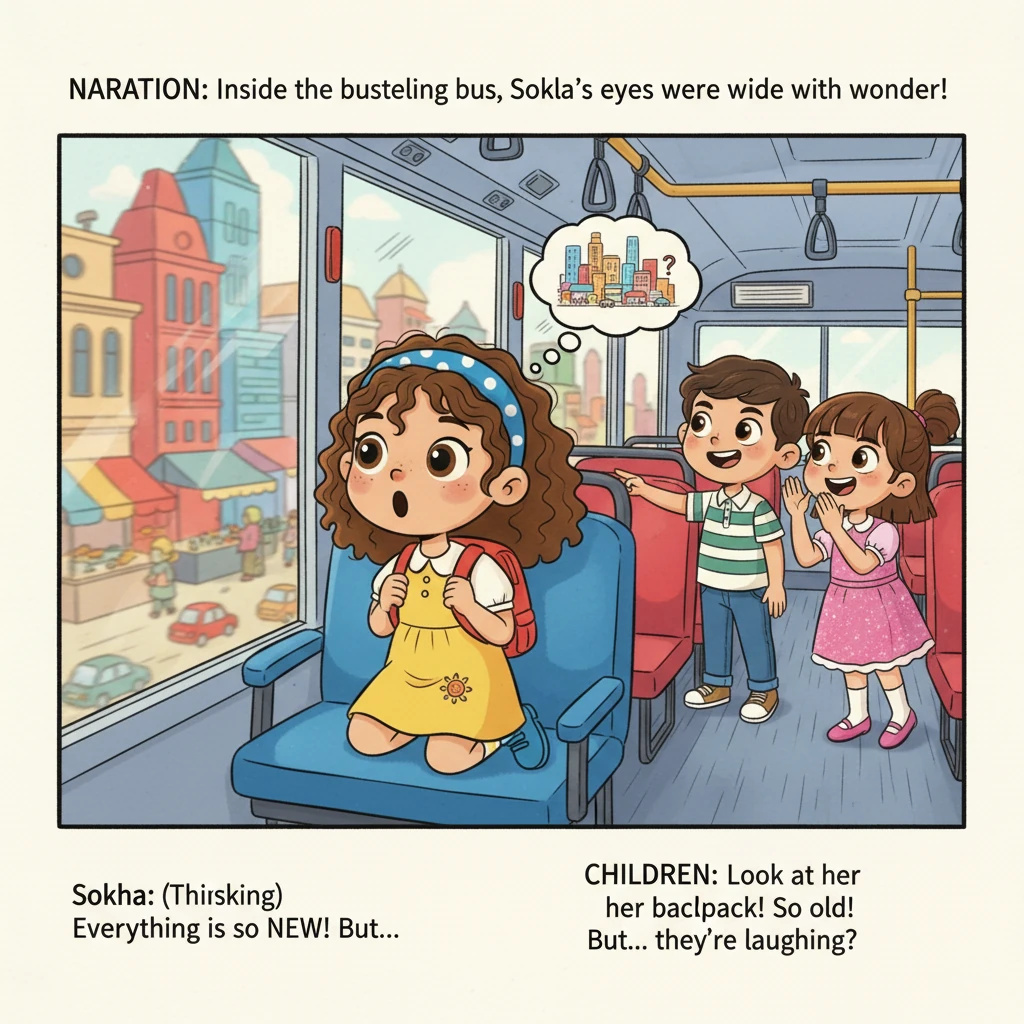 Inside the bustling bus, Sokha gazes out the window, his eyes wide with amazement at the new world rushing past. He sees towering buildings, crowded s