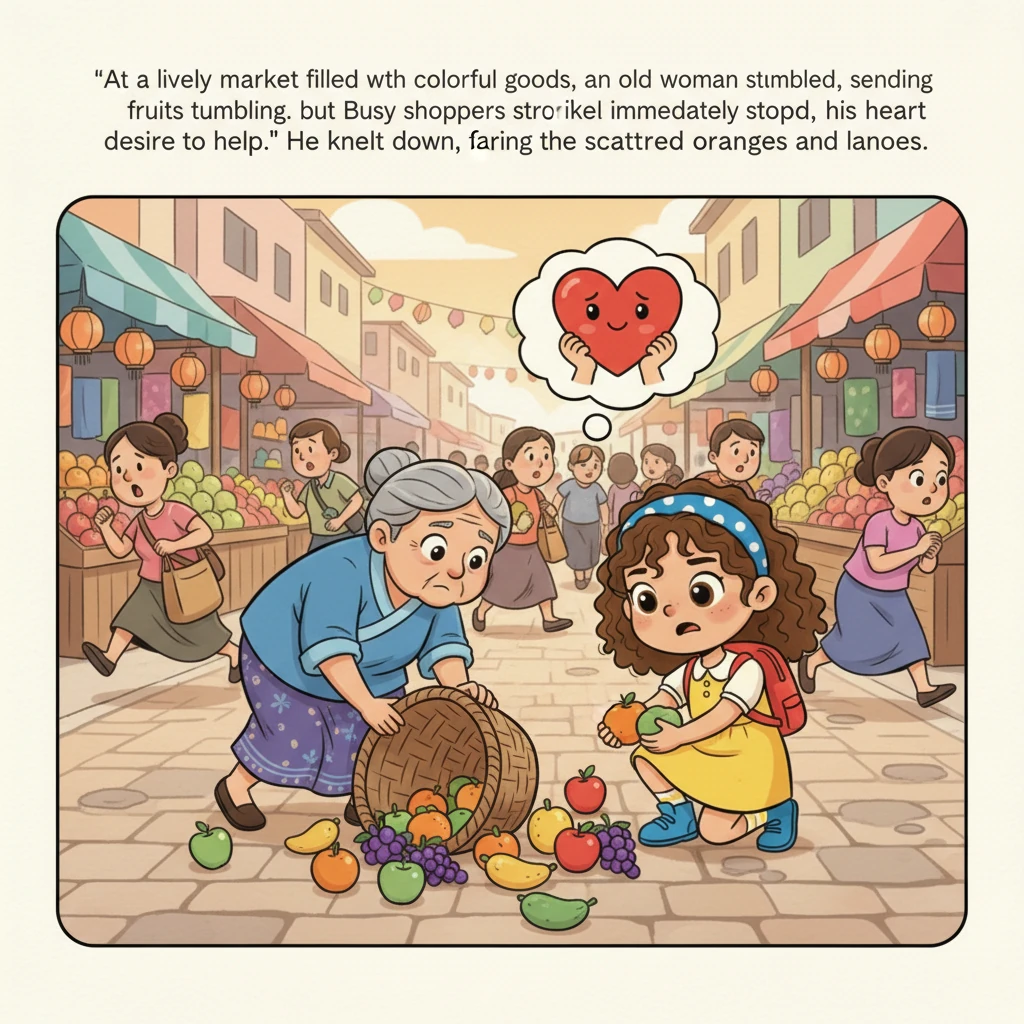 At a lively market filled with colorful goods, an old woman stumbles, sending a rainbow of fruits tumbling from her basket. Many busy shoppers hurry p