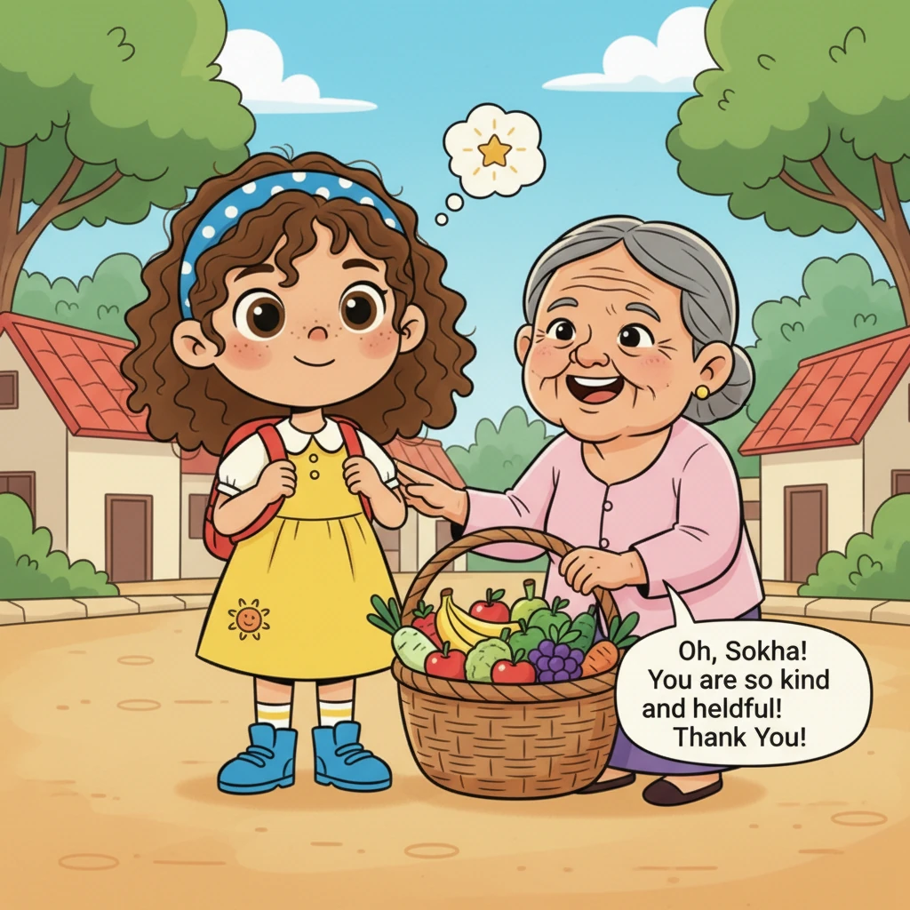 The old woman, her face wrinkled with a warm smile, gently pats Sokha's hand as he returns her full basket. She offers a kind word of praise for his t