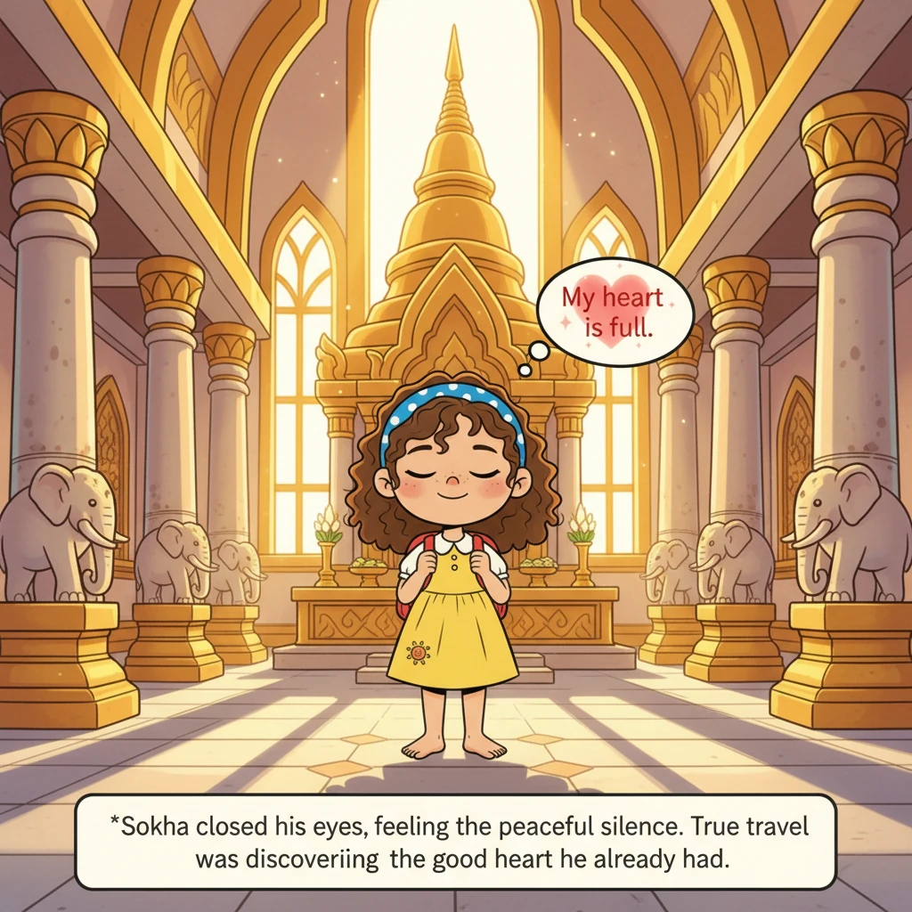 Sokha stands barefoot inside a beautiful, serene temple, its golden spires gleaming in the sunlight. He closes his eyes, feeling the peaceful silence