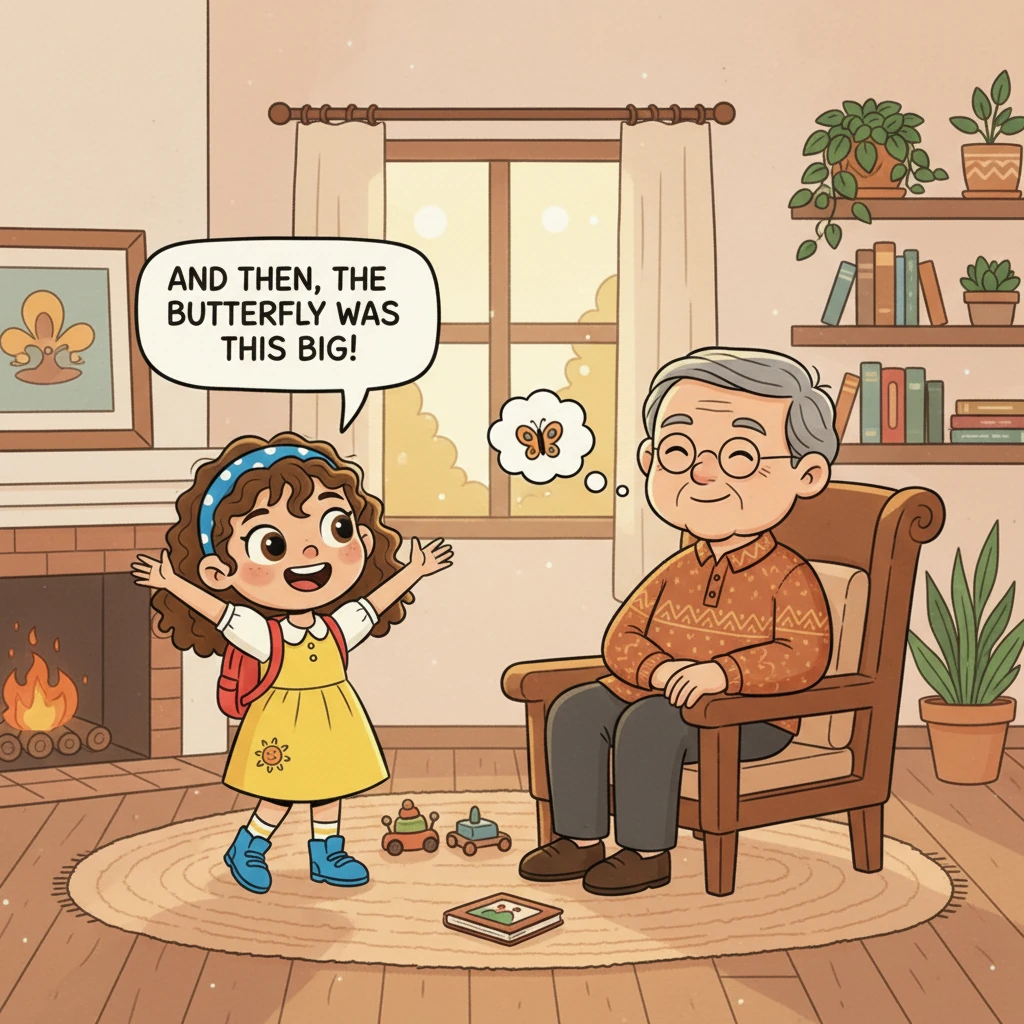 Back home, Sokha animatedly recounts his adventures to his grandfather, who listens with a knowing smile. Sokha gestures excitedly, sharing every deta