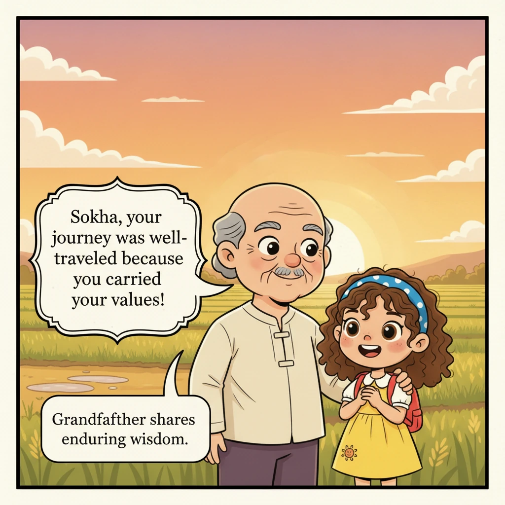 Grandfather places a loving hand on Sokha's shoulder, his eyes twinkling with pride. He affirms that Sokha's journey was truly well-traveled because h