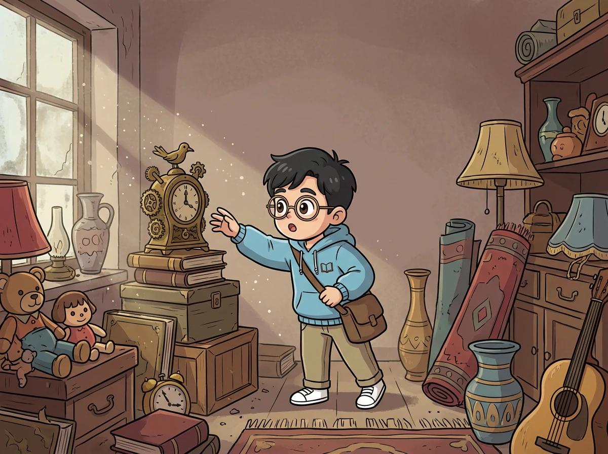 他來到一家破舊的二手店,店裡堆滿了各種古怪的物品,空氣中瀰漫著塵土的味道。