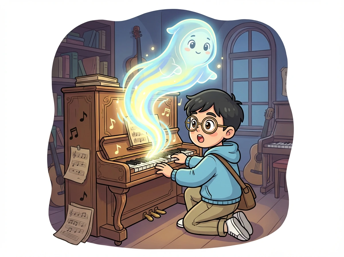 經過一番努力,林時終於找到了打開琴鍵的機關。一道光芒從琴鍵中射出,一個身影慢慢顯現。