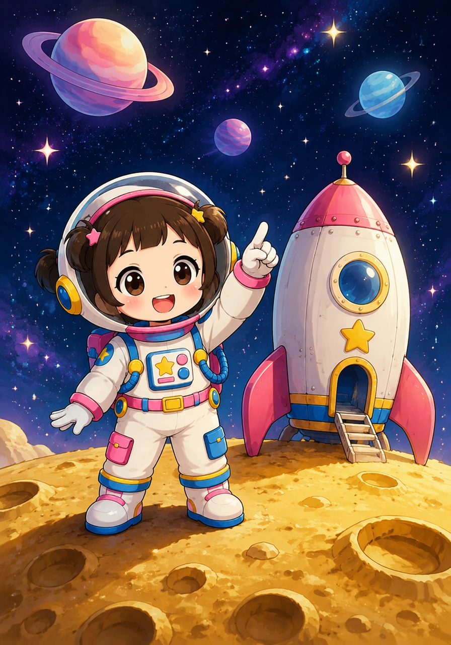Sayu stands excitedly on the golden surface of the moon next to her bright, colorful rocket ship, pointing enthusiastically toward the starry sky. Her cute chibi astronaut suit sparkles under the twinkling light of distant, pastel-colored planets, reflecting her intense curiosity and eagerness to explore the great unknown.