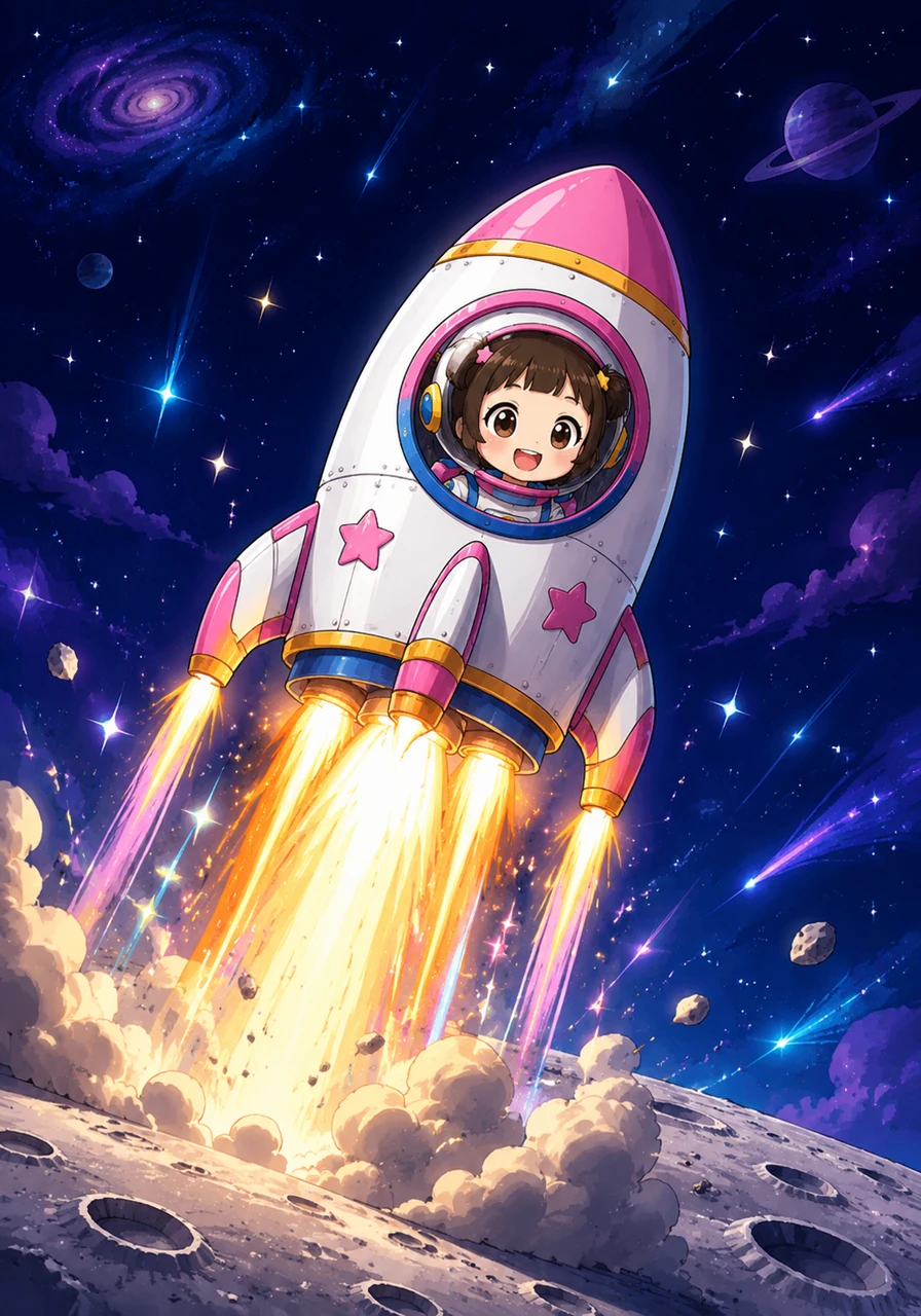 With a mighty and thunderous roar, Sayu's rocket blasts off from the lunar surface, shooting straight up into the deep navy-blue galaxy. Inside the spaceship window, Sayu beams with pure excitement as bright fire, magical sparkles, and streaks of light trail behind her dynamic journey into deep space.