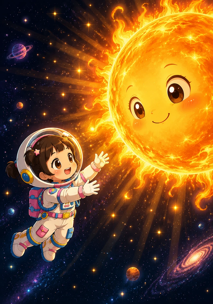 Sayu floats gracefully in her cozy astronaut suit, looking on in absolute wonder at the massive, smiling Sun that illuminates the darkness with a warm, golden glow. Brilliant solar rays and shimmering sparkles dance all around her as she encounters the magnificent, fiery heart of our solar system.