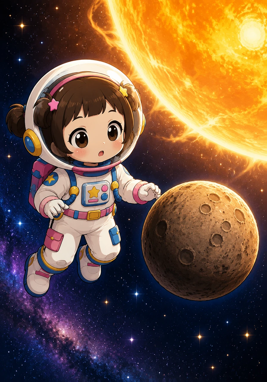Sayu cautiously approaches Mercury, observing the tiny, rocky planet as it rests quietly against the backdrop of the massive, glowing Sun. Floating amidst a sea of tiny, glittering stars, she curiously tilts her head to study the smallest, crater-filled planet she has ever seen.