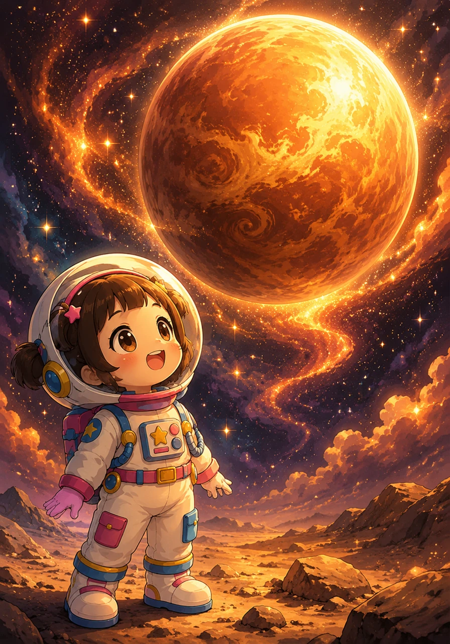 Sayu gazes in deep admiration at Venus, which shines brilliantly like a golden-orange jewel surrounded by soft, glowing cosmic clouds. The warm and radiant colors of the swirling atmosphere cast a beautiful light on her astronaut suit, filling the vast space with a magical sparkle.