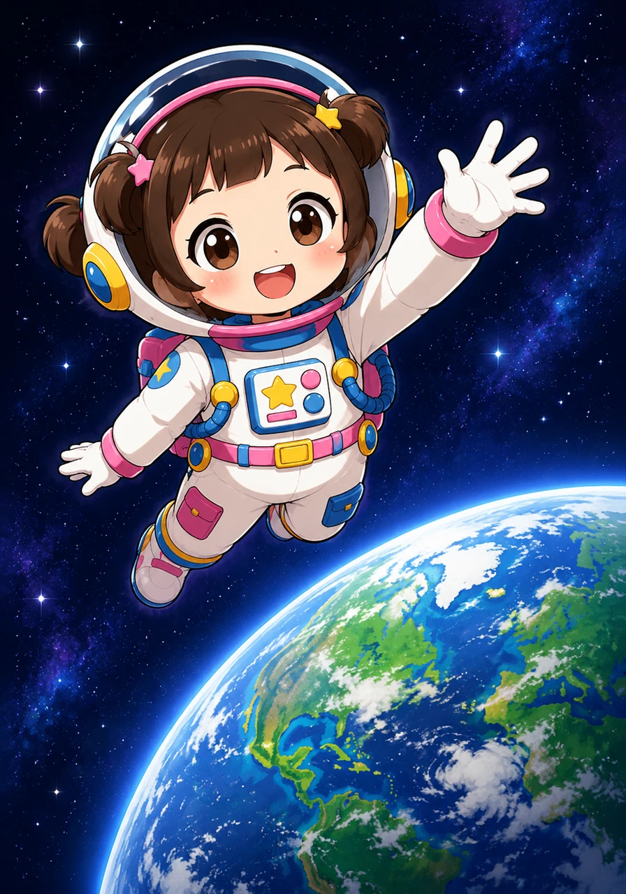 Sayu waves happily with love and familiarity as she drifts toward Earth, her beautiful blue and green home planet spinning gently in the darkness. The familiar sight of deep blue oceans, lush green continents, and fluffy white clouds brings a comforting warmth to her grand cosmic journey.