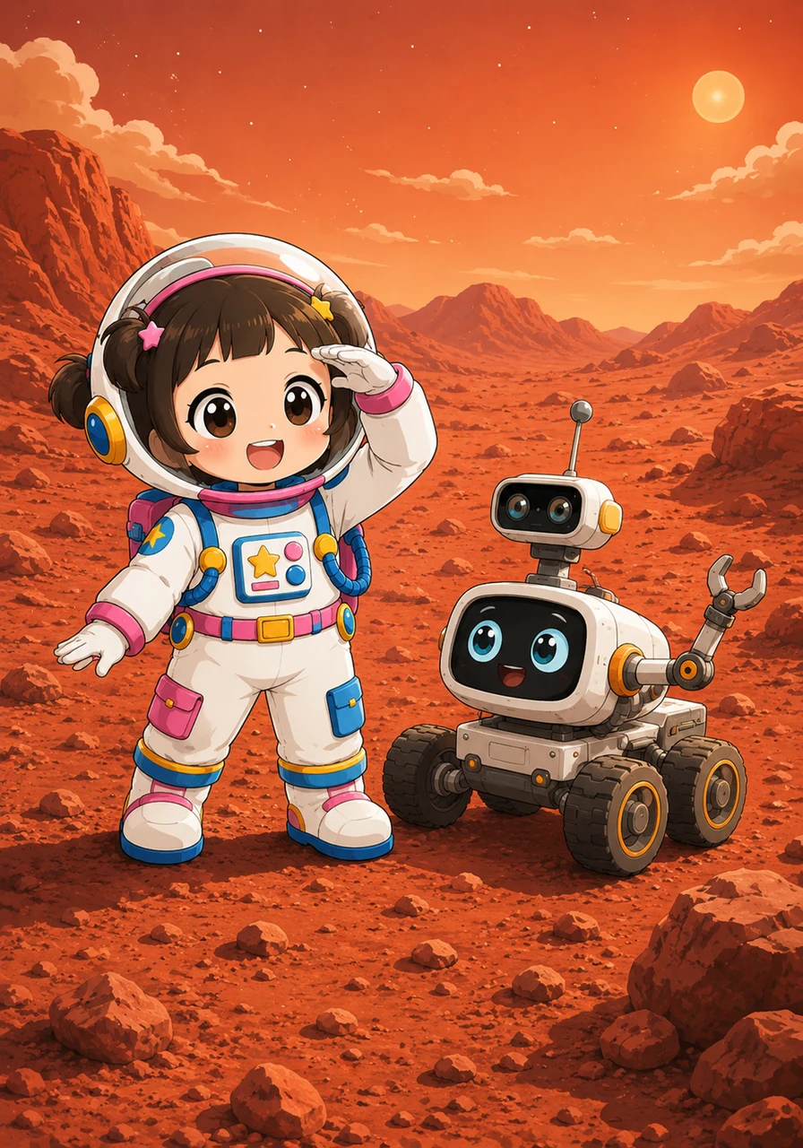 Sayu steps onto the dusty, rust-colored surface of Mars, ready for a bold new adventure among the alien rocks and rolling hills. She cheerfully examines the red landscape alongside a friendly, smiling little space rover that has come to welcome her to the planet.