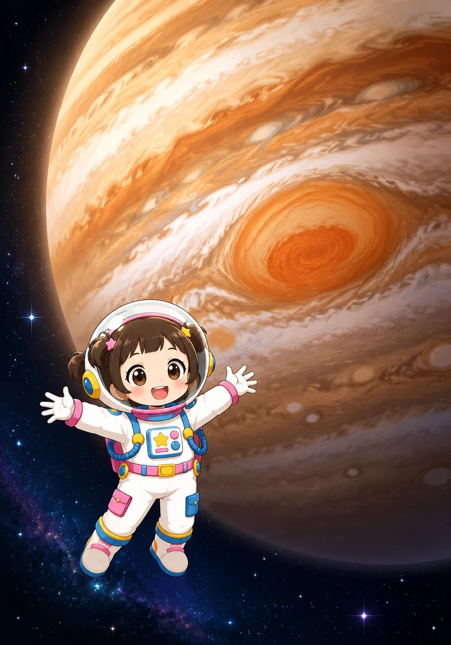 Sayu spreads her arms wide in sheer amazement as she floats before the colossal, striped body of Jupiter and its famous Great Red Spot. The sheer size of the giant gas planet makes her look beautifully tiny, highlighting the grand scale and mystery of the universe.