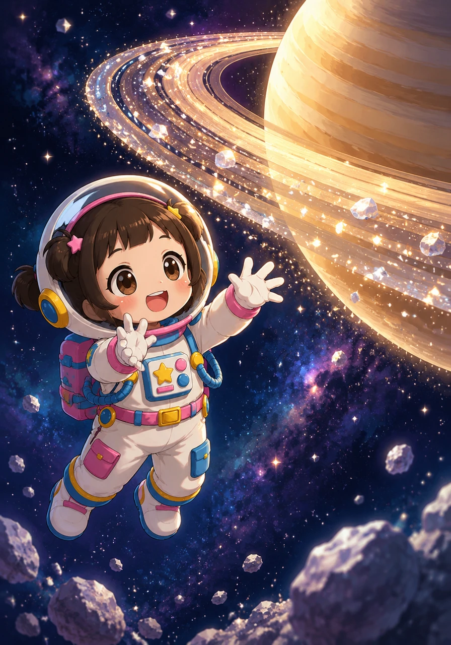 Sayu reaches out her hands in pure wonder toward Saturn, admiring the elegant, glowing rings that circle gracefully around the majestic planet. Millions of sparkling ice crystals catch the light, creating a dazzling cosmic dance that enchants the brave little explorer.
