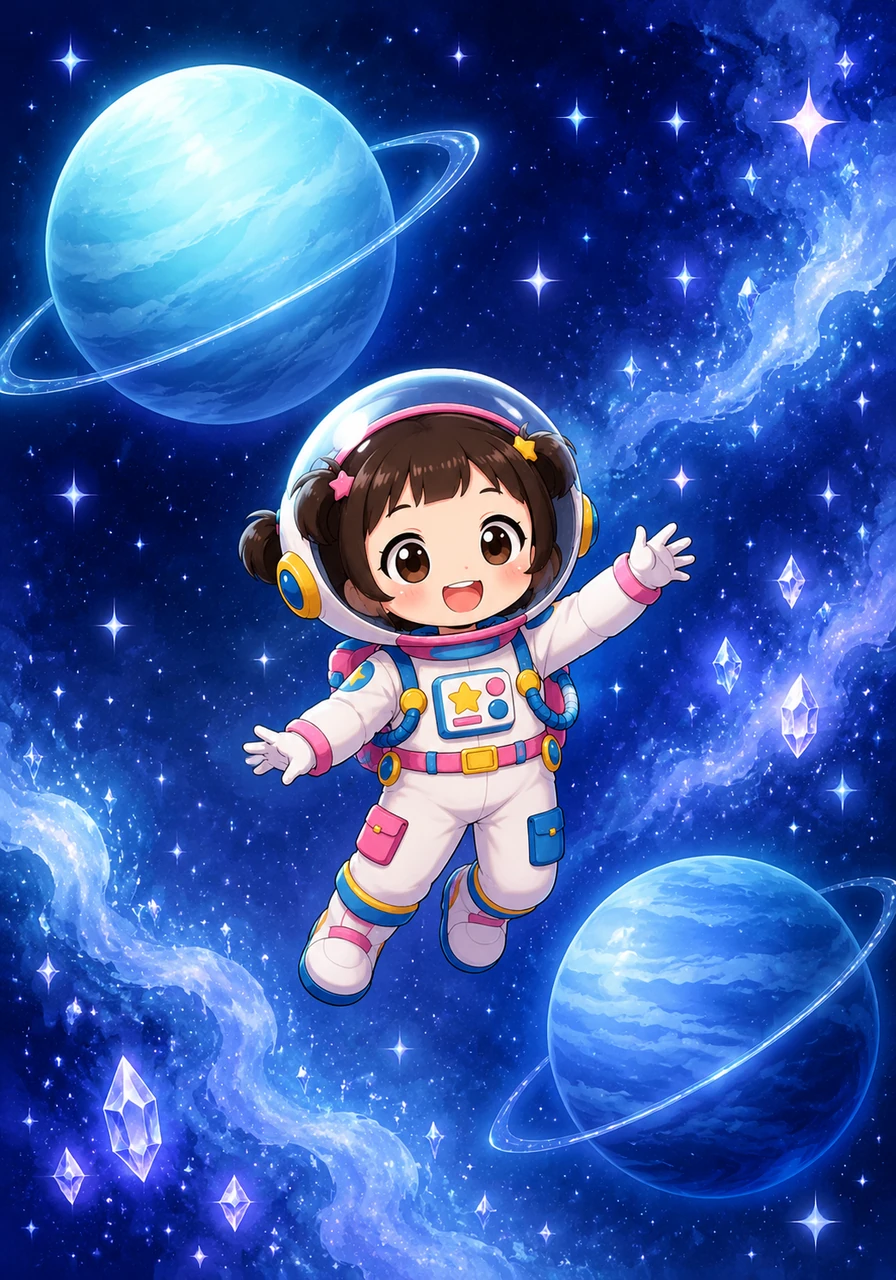 Sayu floats peacefully through a dreamy, deep blue expanse of space where she discovers the magical, icy twins, Uranus and Neptune. Surrounded by glowing cosmic mists and crystal-clear stars, she feels a profound sense of calm and serenity at the chilly outer edges of the solar system.