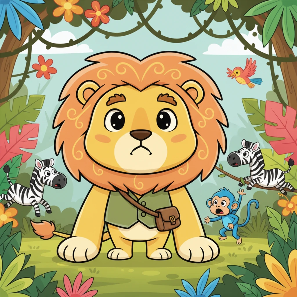 No coração de uma selva exuberante, vivia um leão enorme chamado Leo. Ele tinha uma juba dourada e patas gigantes, mas um coração que se sentia muito sozinho. Todos os outros animais, do macaco ao zebra, fugiam dele, com medo de seu tamanho e seu rugido.