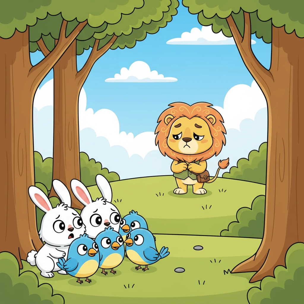 Os pequenos coelhos e pássaros se escondiam atrás das árvores com olhos arregalados de pavor sempre que Leo passava. Eles sussurravam uns para os outros, pensando que o grande leão só queria caçá-los. Leo, sem saber como se aproximar, só observava de longe, sentindo-se cada vez mais isolado.