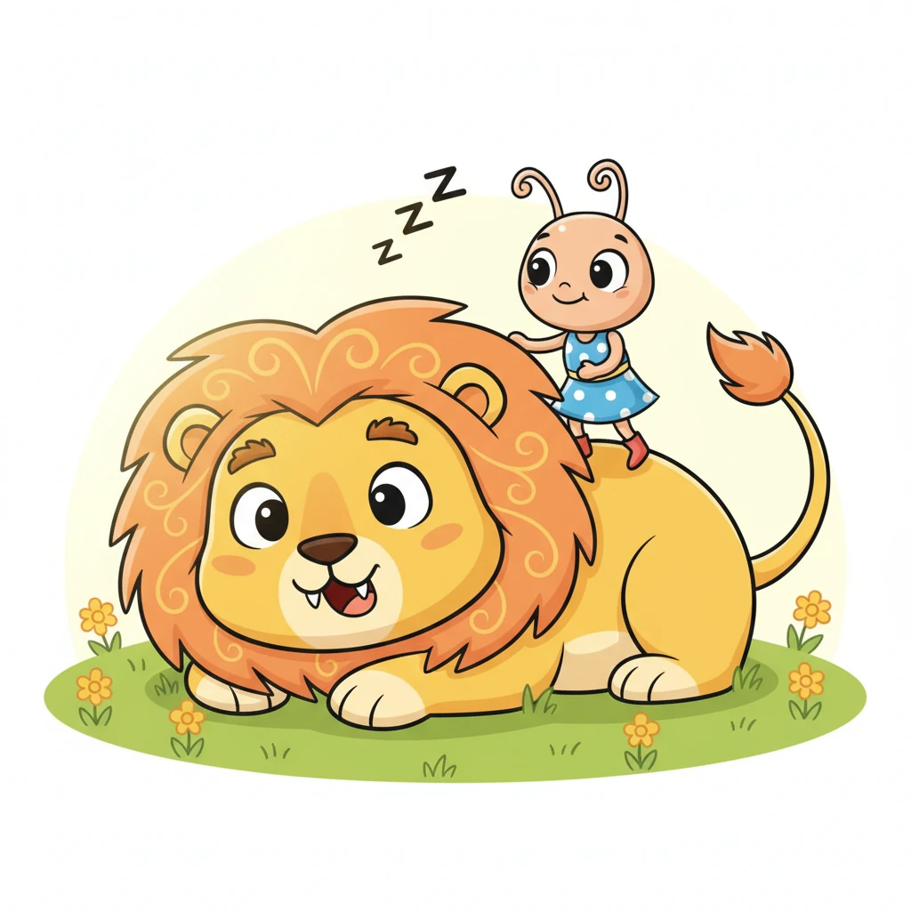 Leo despertou com um bocejo e abriu os olhos, surpreso ao ver Pipoca escalando sua juba. A pequena formiga, com suas antenas balançando curiosamente, olhou para o rosto gigante do leão sem nenhum sinal de medo. Ela parecia mais intrigada do que assustada.