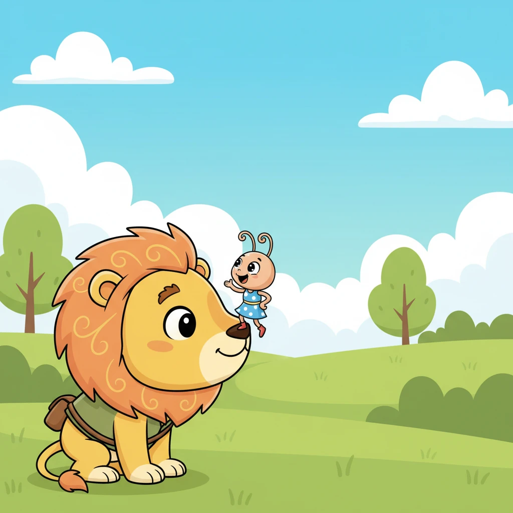 Com um brilho de esperança em seus olhos, Leo baixou a cabeça gentilmente, permitindo que Pipoca se aproximasse. A formiga, ousada, subiu até o nariz de Leo e gesticulou com suas patinhas, como se estivesse contando uma história. Leo ouviu com atenção, e um sorriso gentil começou a se formar em seu rosto.