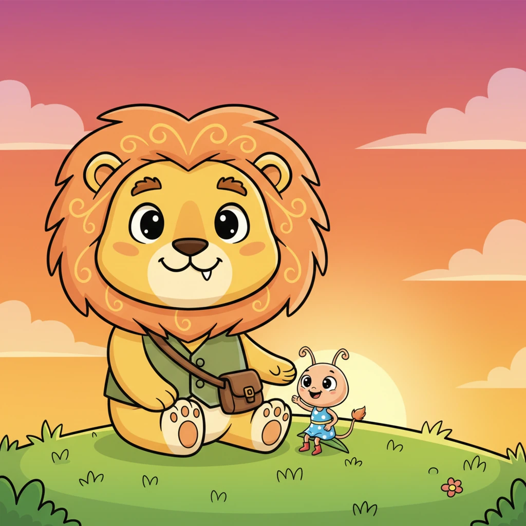 No final de um dia perfeito, Leo e Pipoca sentaram-se juntos no topo de uma colina, observando o pôr do sol pintar o céu com cores vibrantes. Leo, o leão gigante, e Pipoca, a formiga minúscula, eram os melhores amigos para sempre, provando que a verdadeira amizade não conhece barreiras.