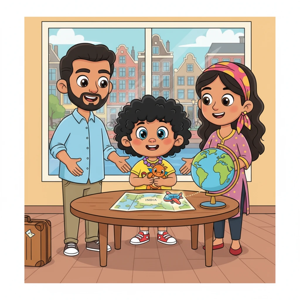 One day, Samar's parents, Mr. and Mrs. Shah, announced a big move to India. Leaving his beloved Amsterdam made Samar's heart feel a little wobbly, but a spark of adventure lit up his eyes. He was excited to explore the country where his family's roots began.